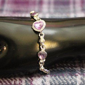 Silver-tone Purple and White Heart Rhinestone Bracelet